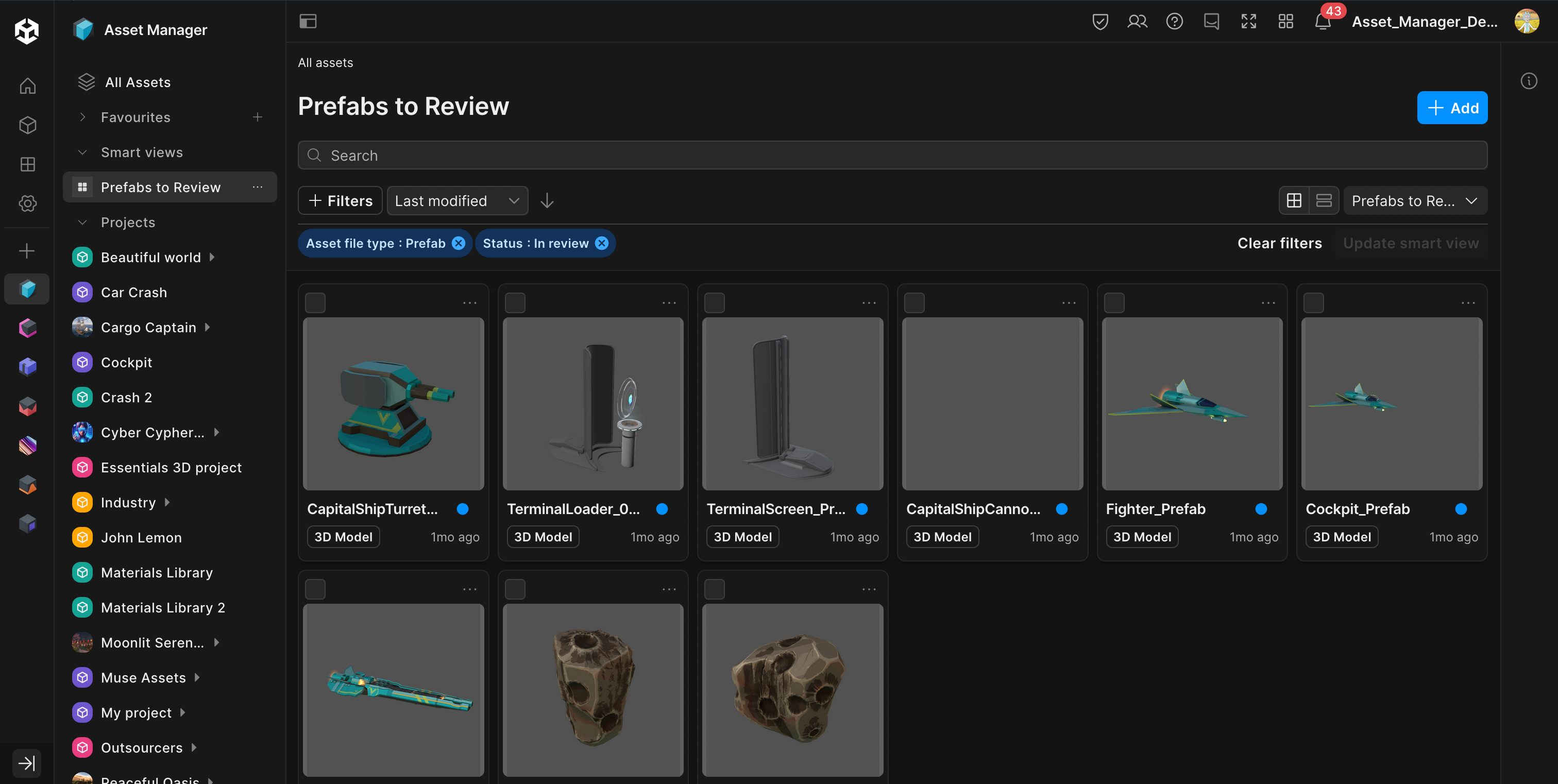 In this example, the Prefabs to Review page shows smart views of assets.