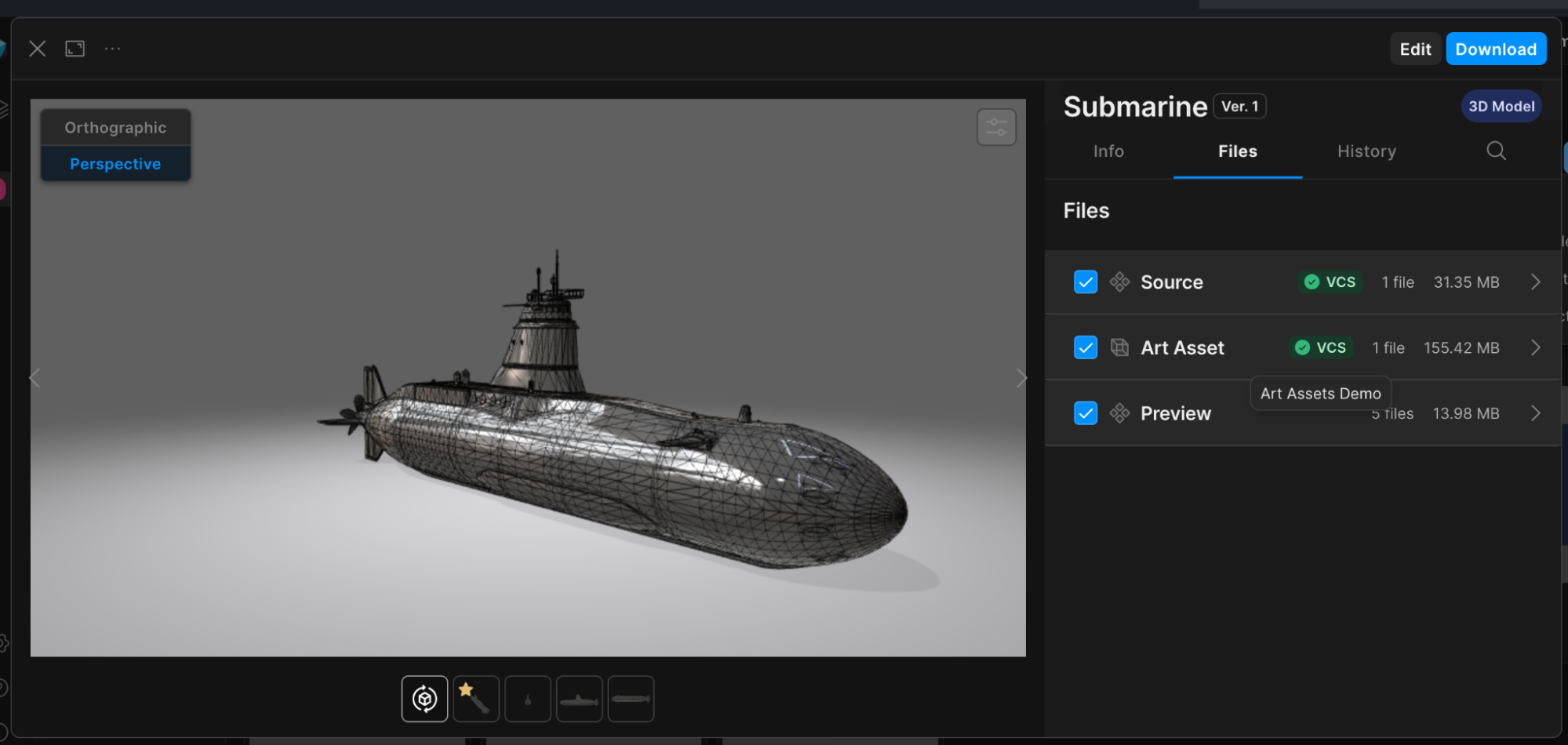 This is an example of a submarine asset that has different UVCS datasets.