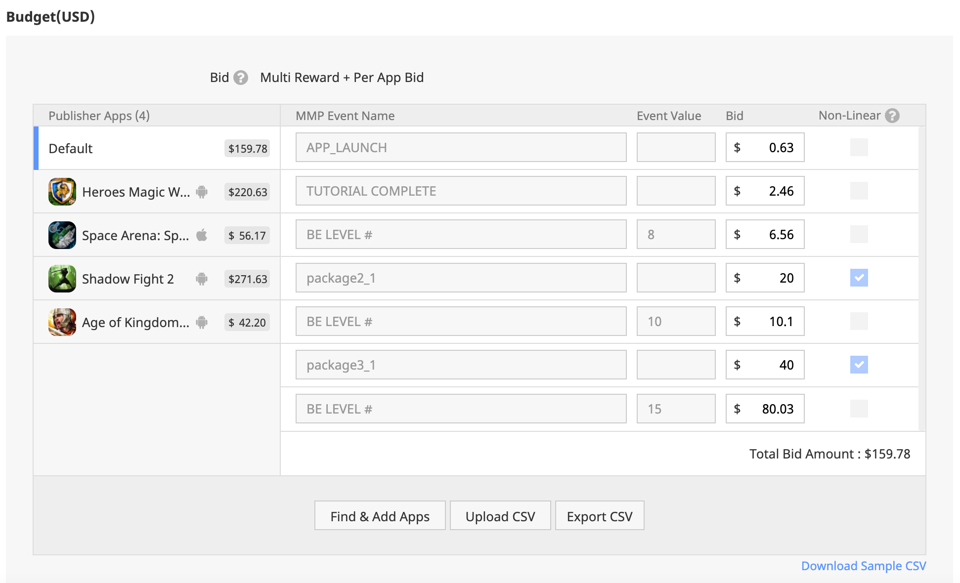 The user interface for a configured Multi Reward CPE Ad Set with Per App Bids