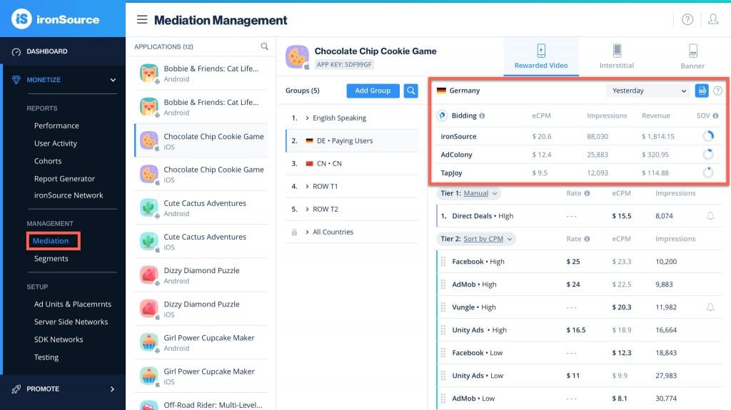 A list of active bidders on the Mediation Management page