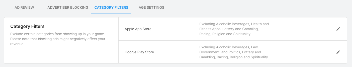 Ad Controls Category Filters tab