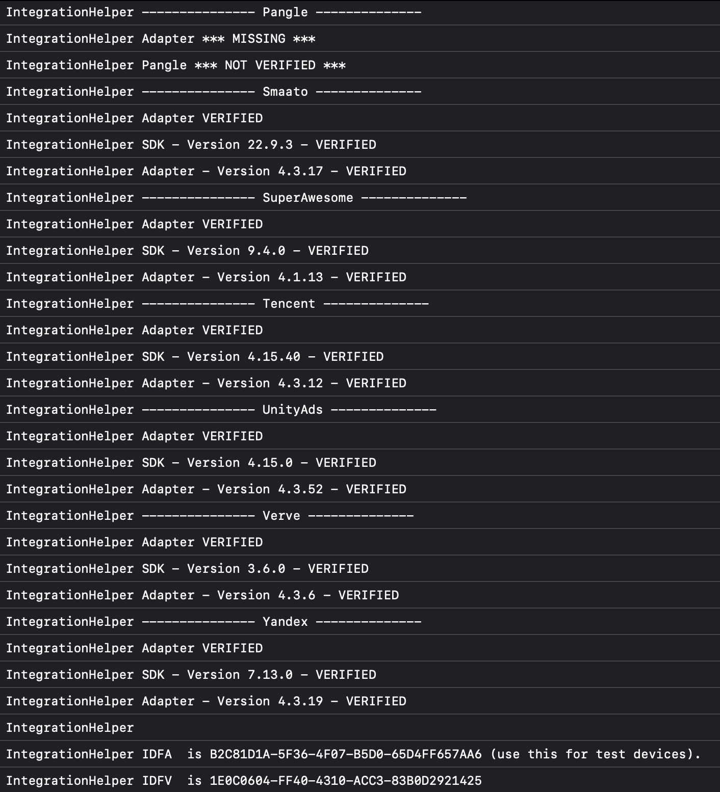 An example of the integration helper logfile results