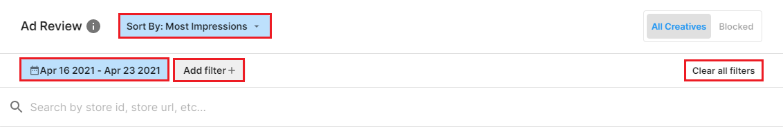 The Ad Review menu bar with filtering options highlighted