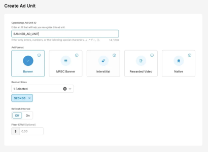 The ad unit creation form in the PubMatic dashboard.