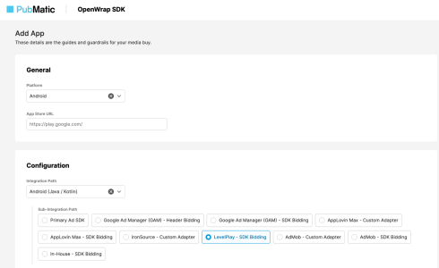 The app configuration settings in the PubMatic dashboard.
