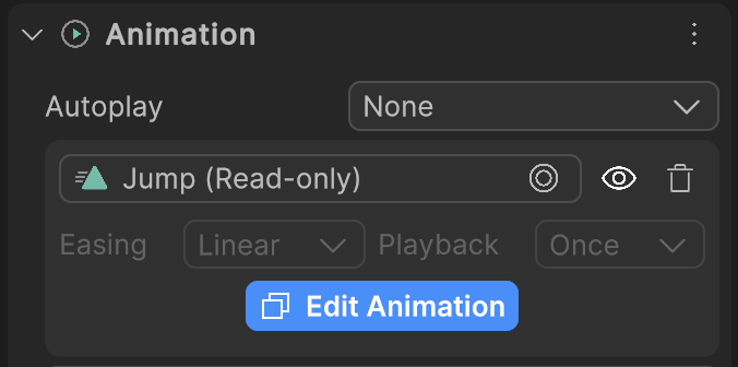 Screenshot of the Animation component when a read-only animation is assigned. Has an eye icon instead of a record icon and a blue button to Edit Animation.