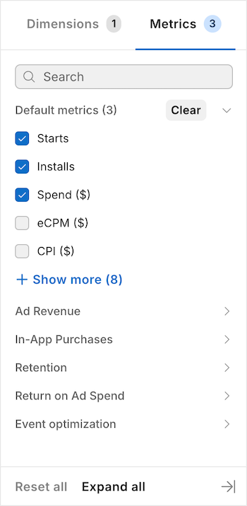 The Metrics sidebar of the Performance dashboard