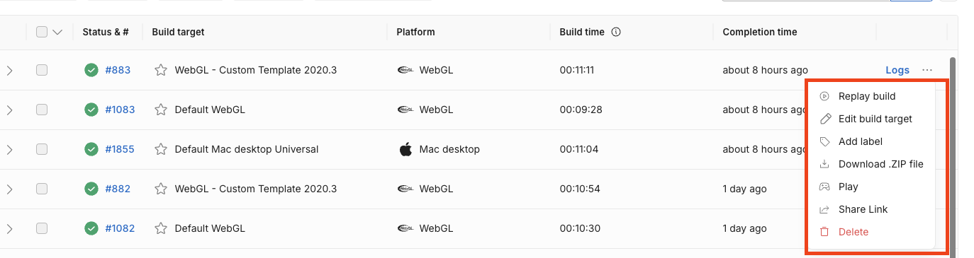 The context menu for the build history table that displays the options listed in the following table.