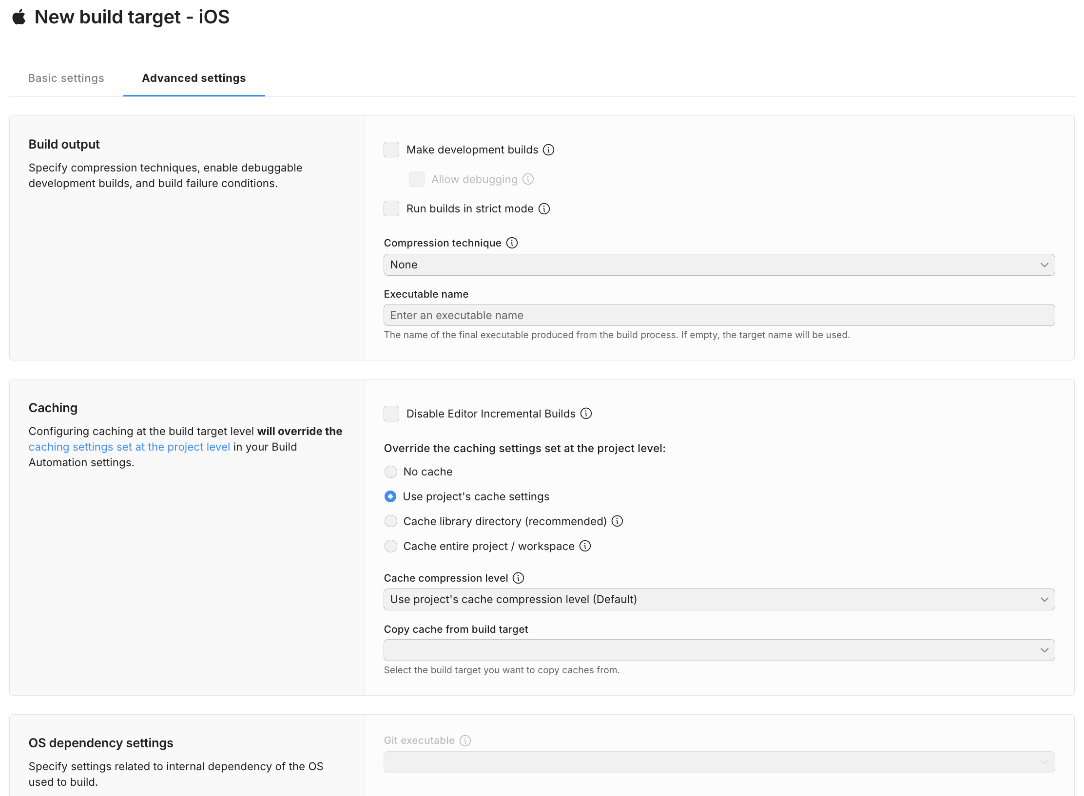 Build Target Configuration - Advanced settings