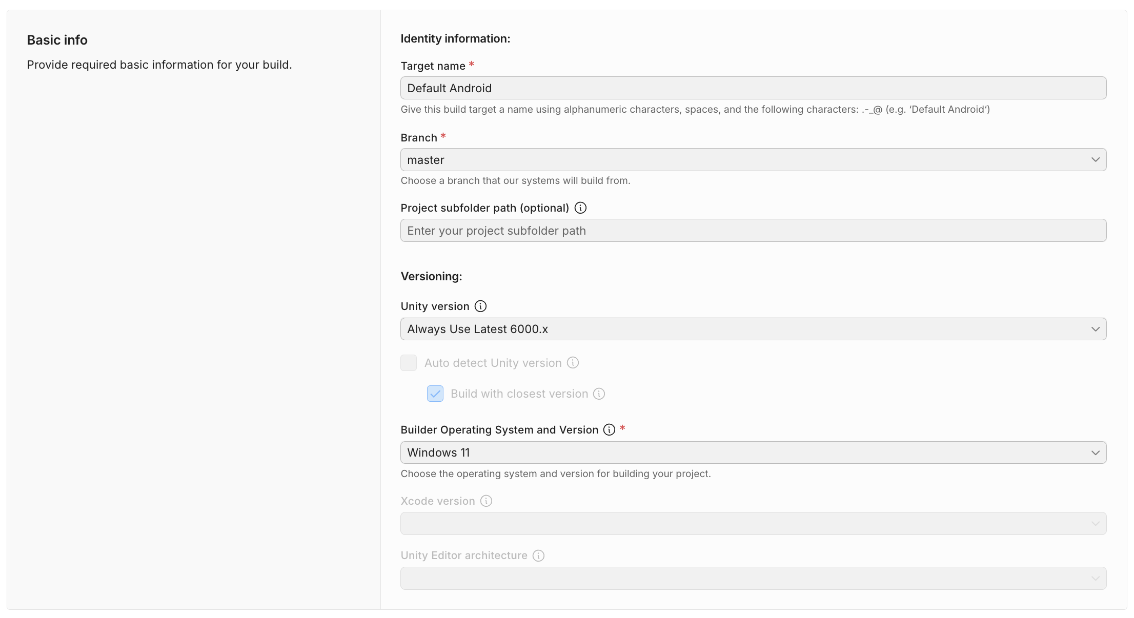 Build Target Configuration - Basic Info