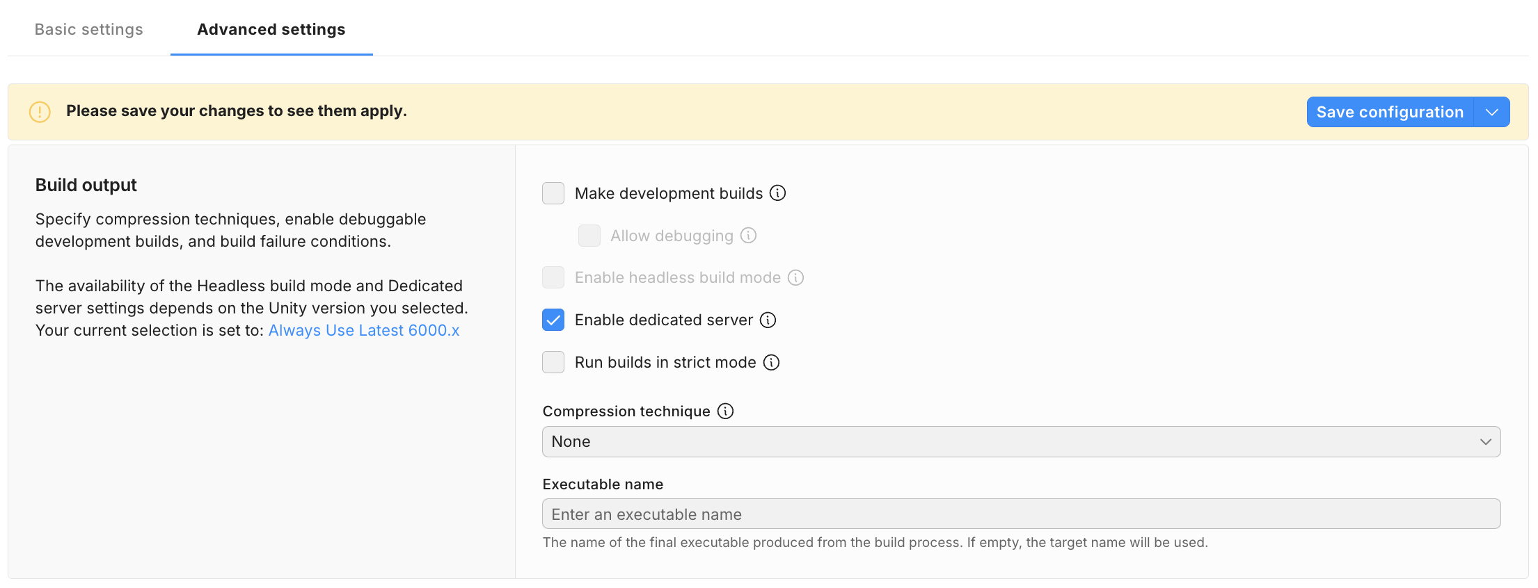 A screenshot of the configuration window for a Dedicated Server Build Target.