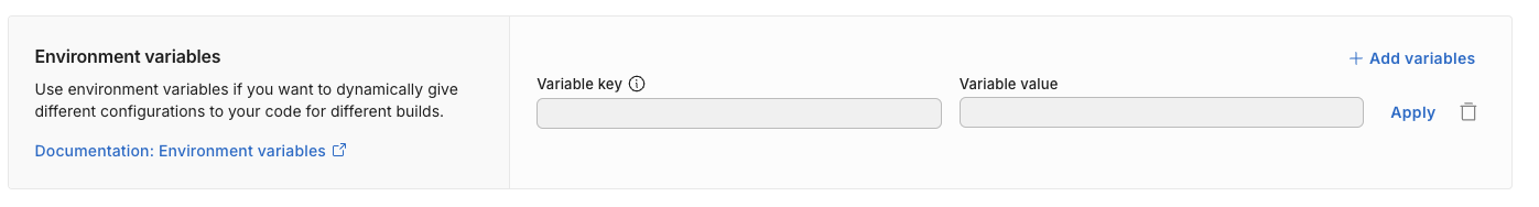 The environment variables configuration panel.