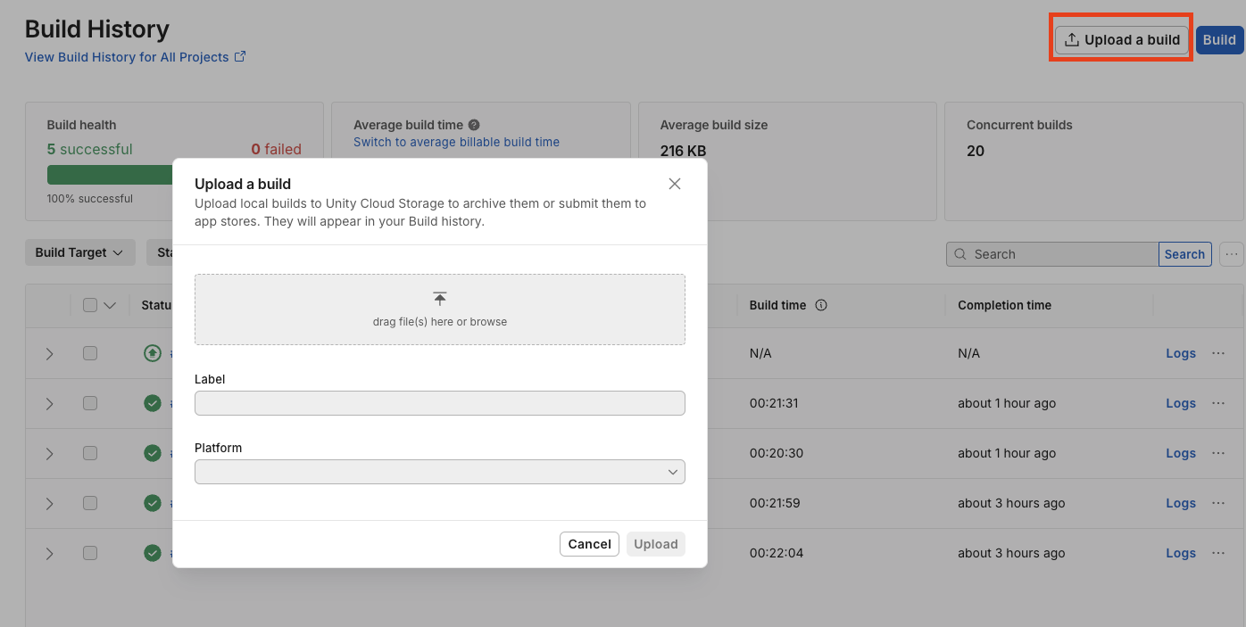 Upload a build dialog