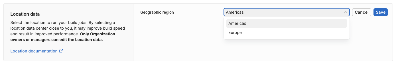 The location setting in the Build  target configuration window, which shows a dropdown menu with the options Americas and Europe.