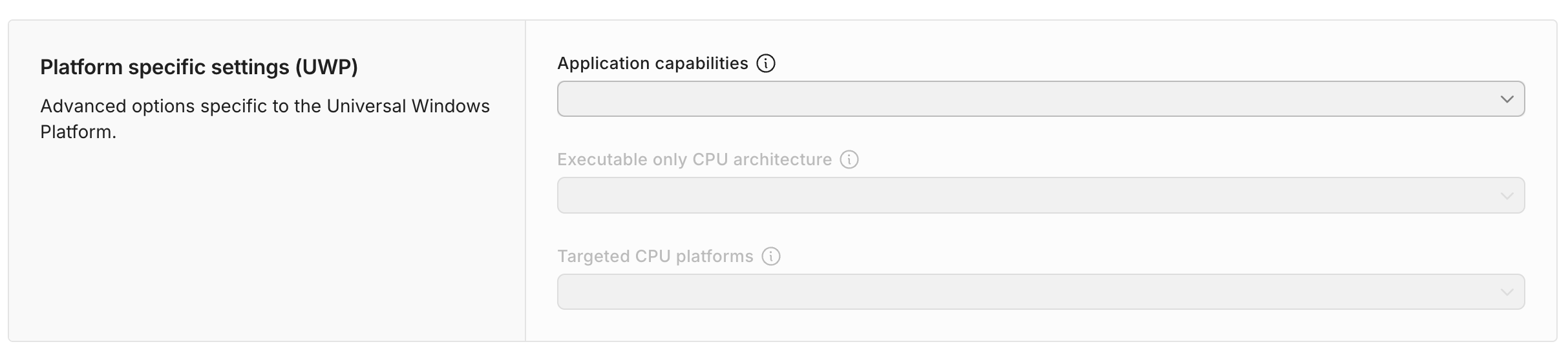 Build Target Configuration - UWP Advanced Settings