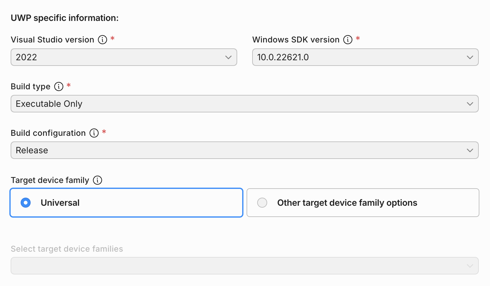 Build Target Configuration - UWP Basic Settings