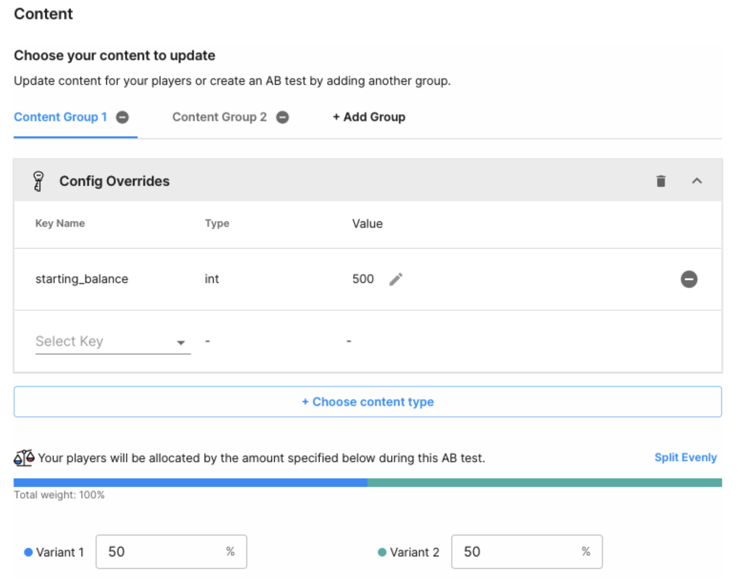 An example of an AB test with a starting balance of 500 and the allocation amounts split evenly.