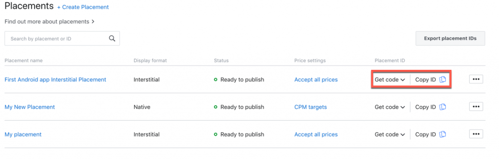 Get Code button in Placement ID column