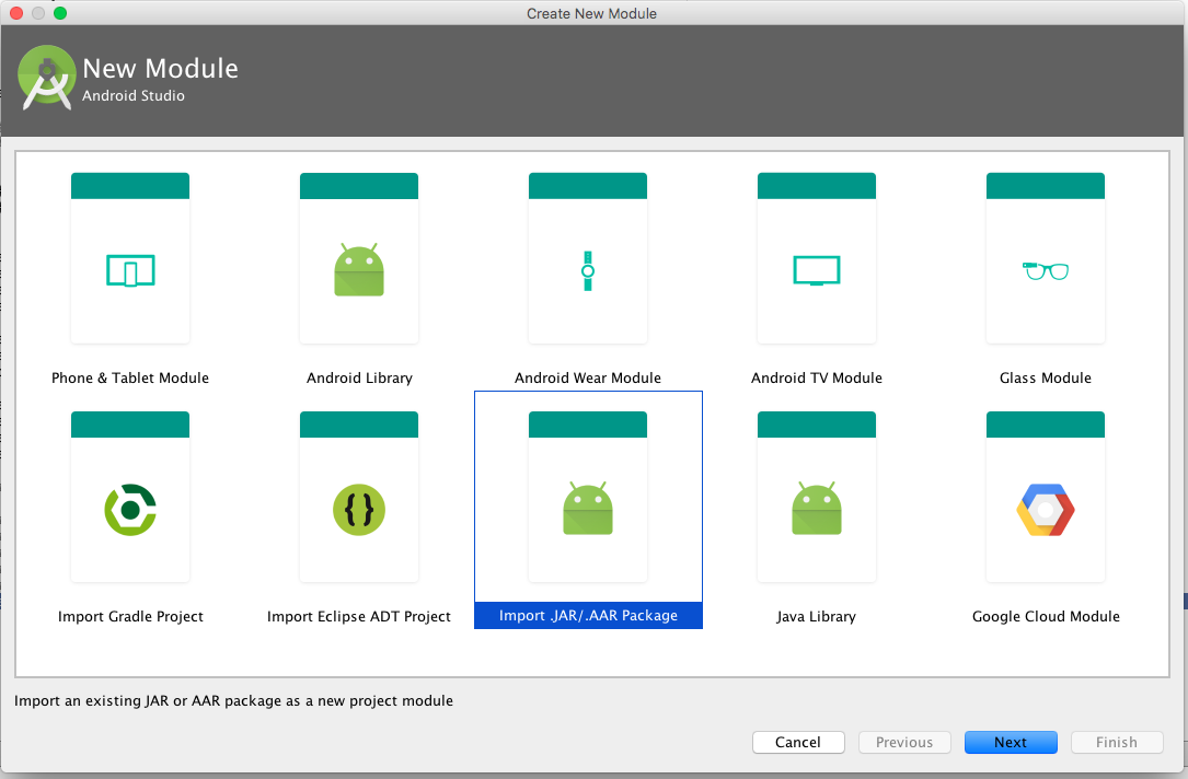 Android Studio showing how to import AAR files: File > New > New Module > Import .AAR