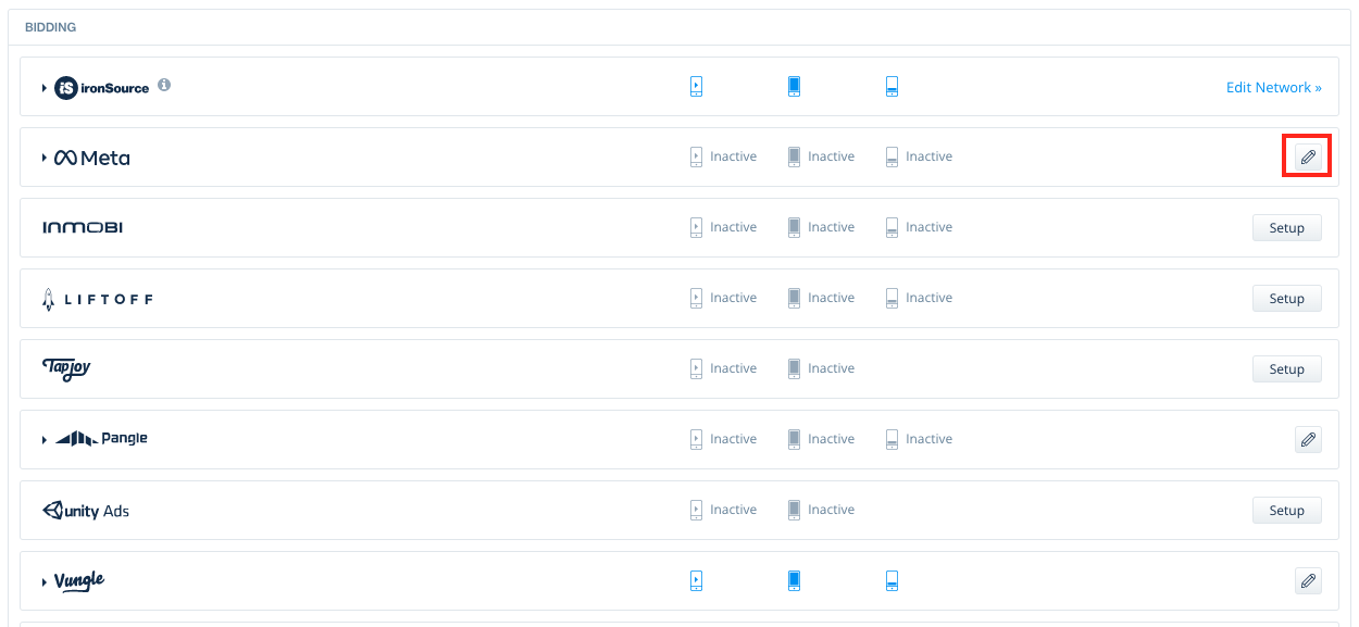 Select app for Meta Audience Network