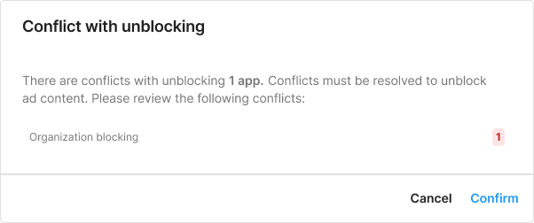 A warning message in the Unity Ads dashboard guiding users to unblock ad content