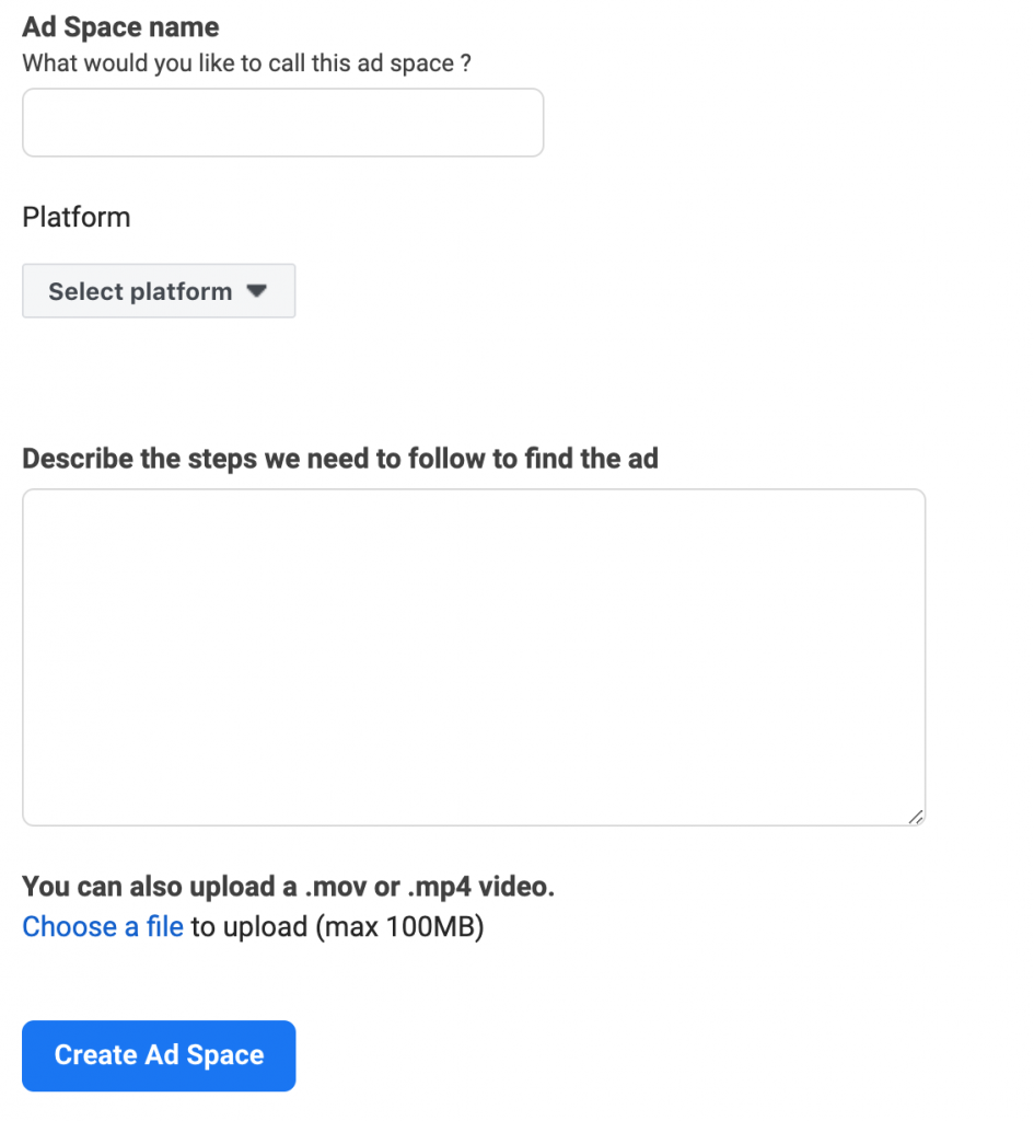 Create Ad Space form