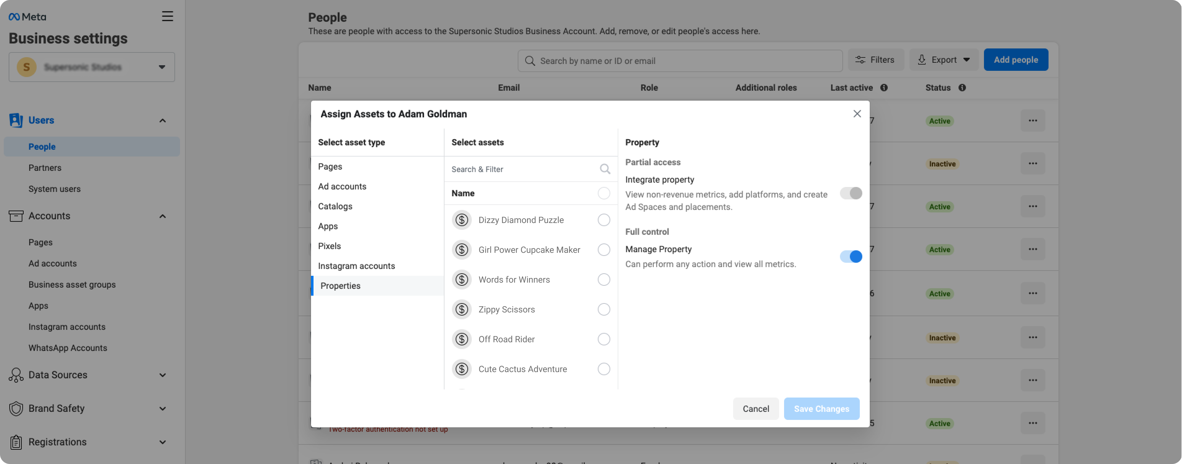 Manage Property toggle in Business settings
