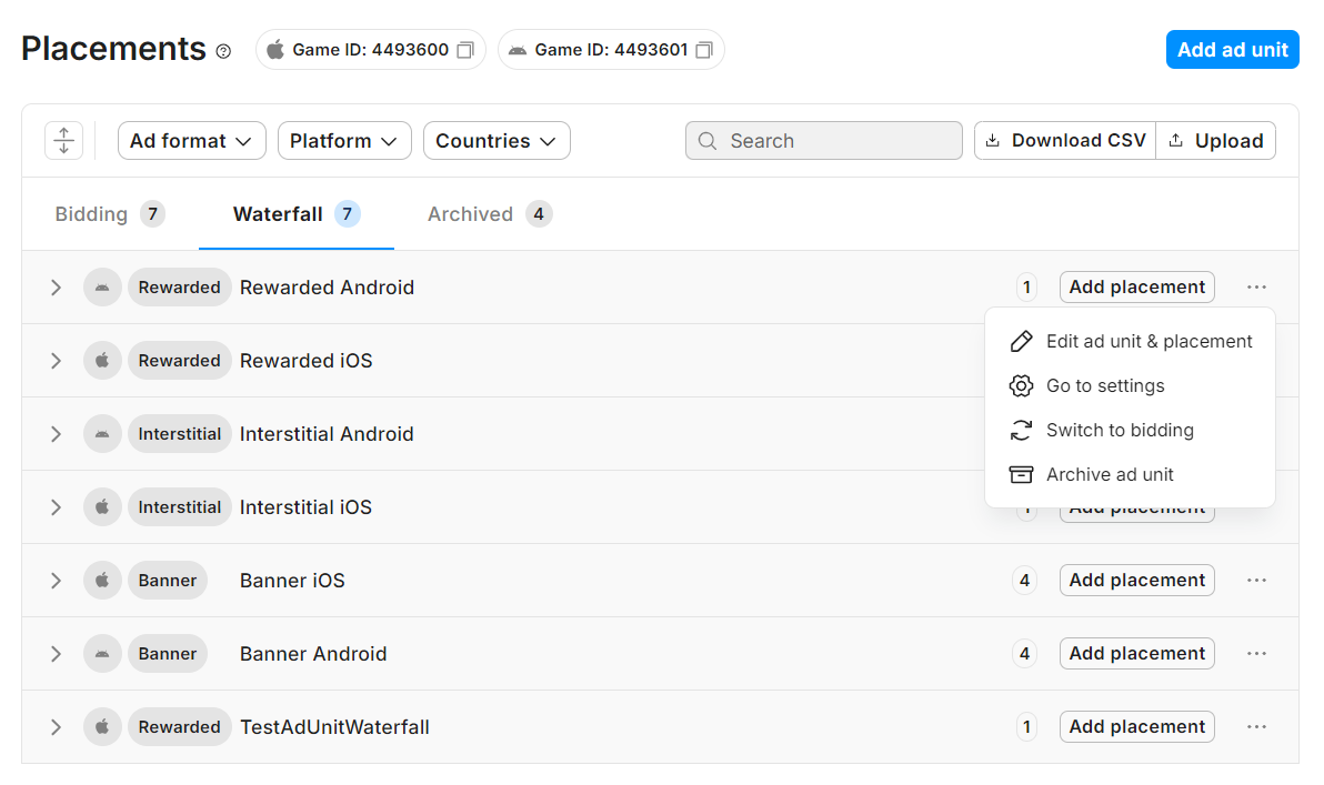 Monetization ダッシュボードの Placements (プレースメント) ページにあるプレースメント編集オプション