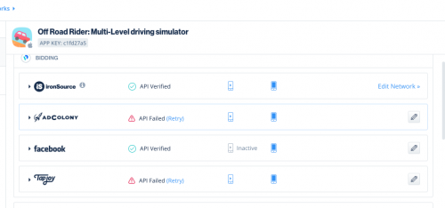The API Failed error message next to various ad networks in the Bidding section