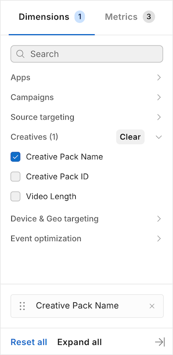 The Dimensions sidebar with the Creative Pack Name dimension selected to access Creative insights.