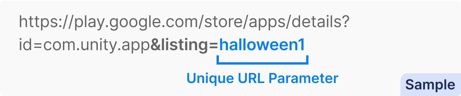 The URL for a store listing in the Google Play Store with the Unique URL parameter highlighted