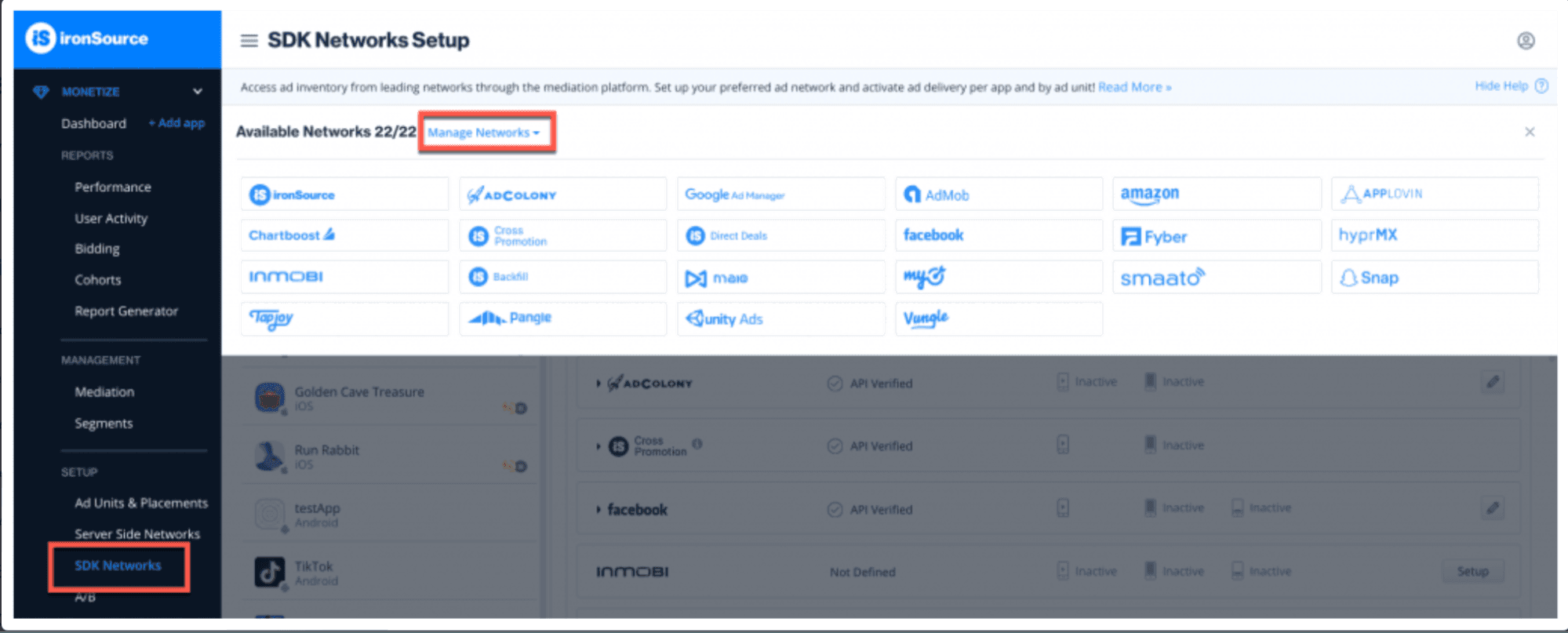 VK SDK Networks page