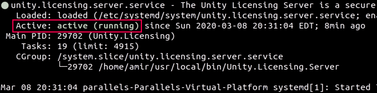Console output showing 'Active: active running'