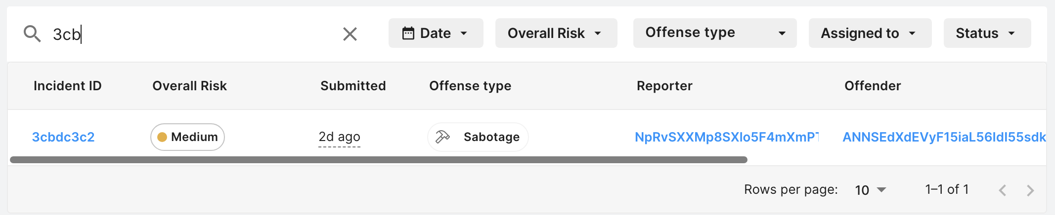 Screneshot of the sessions table search field.