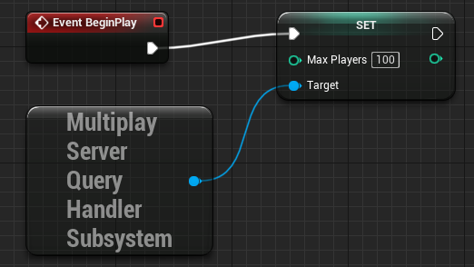 A node diagram providing a workflow for initiating the maximum player limit on a multiplayer server at the beginning of gameplay.