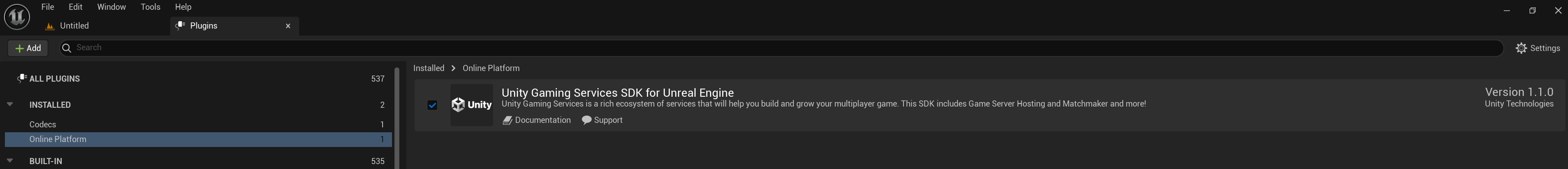 Unity Gaming Services SDK for Unreal Engine plugins window