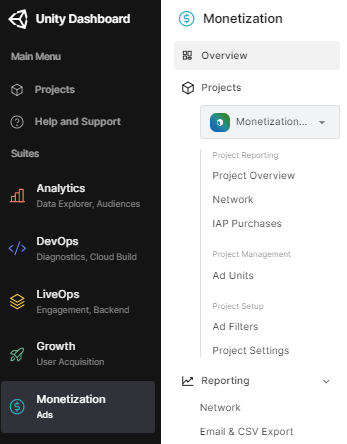 Unity Dashboard navigation menu