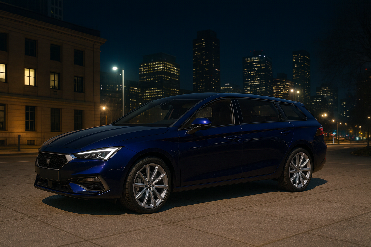 Image of a car model with AI enhancements. In this version of the image, the scene looks more realistic and has a city in the background.