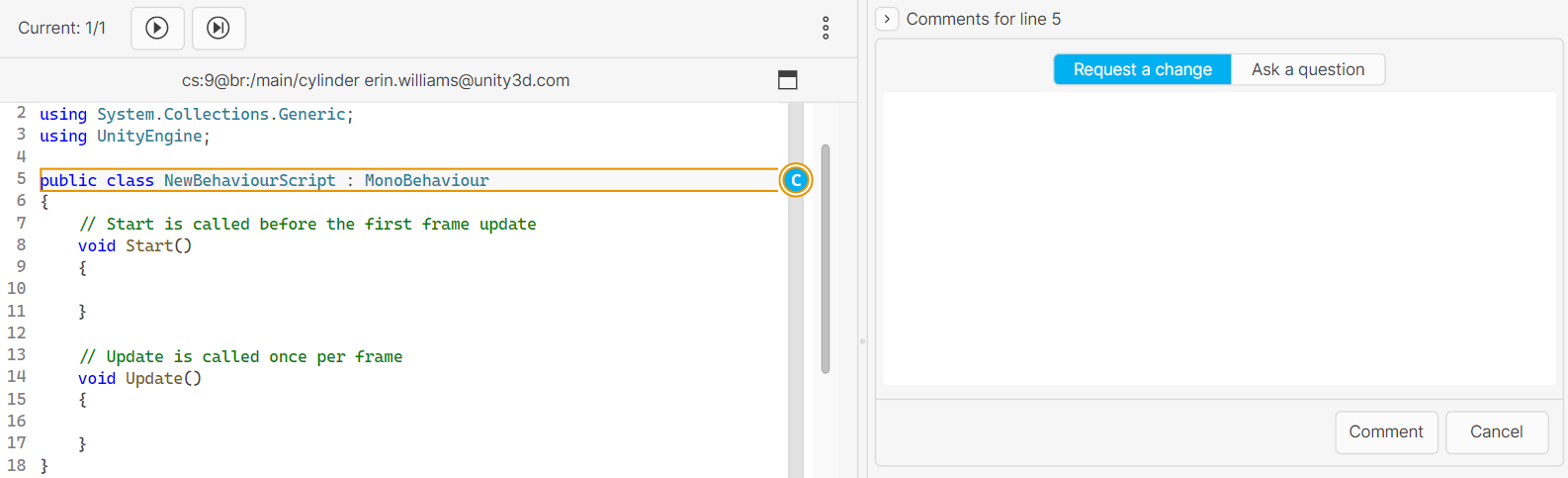 An example diff file, with the ninth line selected. The line shows a circular icon with the letter 'c' in it, that indicates that a change has been requested. To the right is the comment panel, which shows the two options for 'Request a change' or 'Ask a question', with the former option selected. There is an empty text field, with two buttons underneath that read 'Comment' and 'Cancel' respectively.