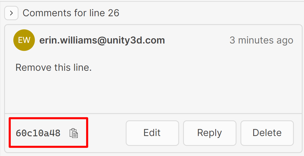A screenshot of a request change comment, with the GUID and copy symbol highlighted.