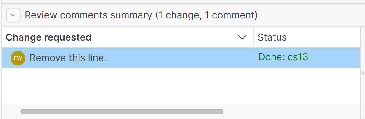 A screenshot of a change requested comment in the Review comments summary panel, with the status as 'Done, cs13'.