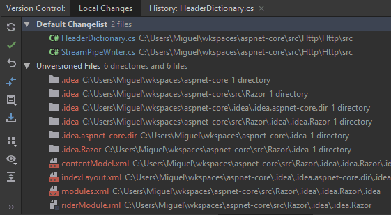 The Version Control tab with the Default Changelist and a list of unversioned files.