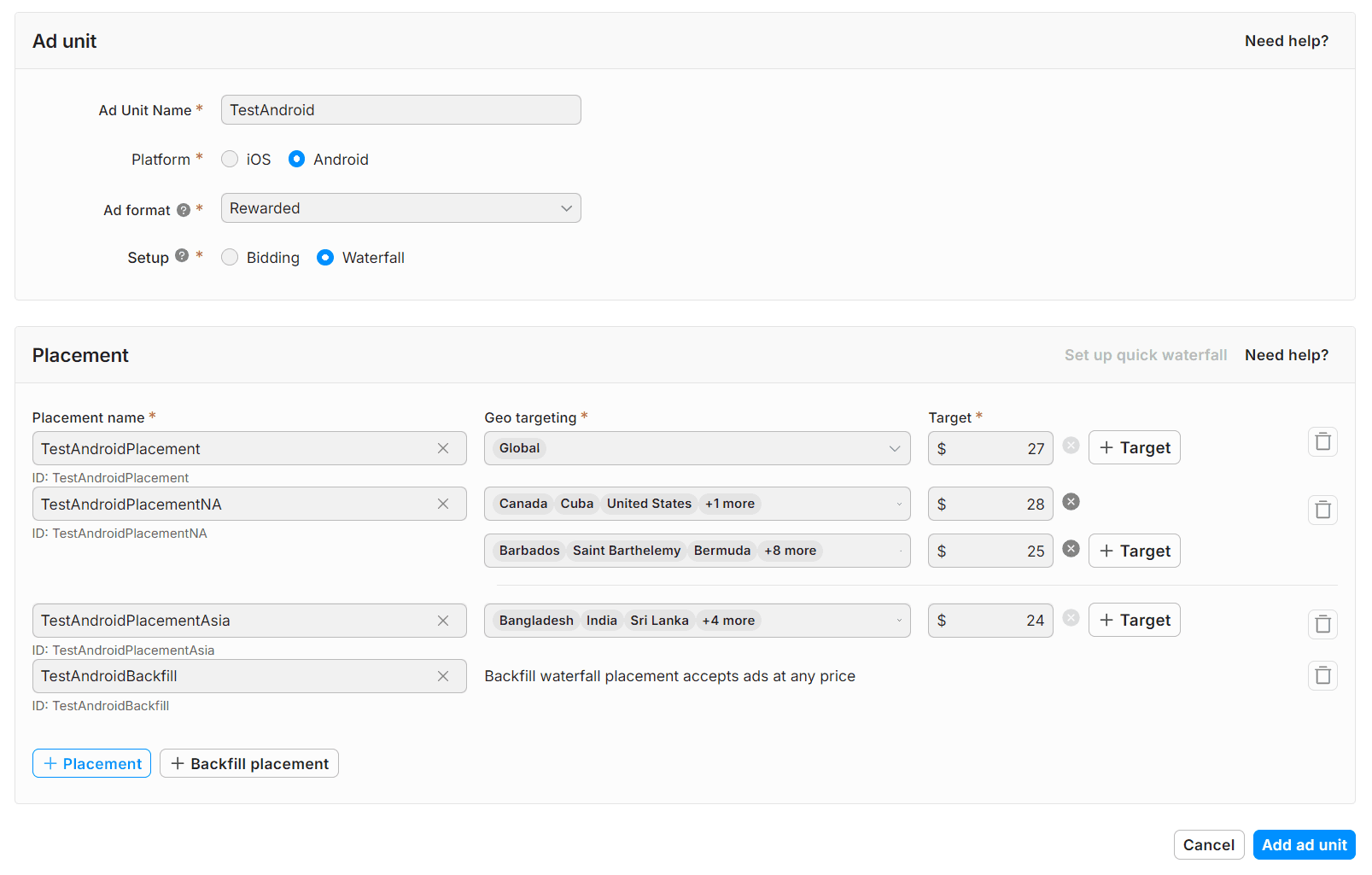 Create a waterfall ad unit and placement configuration