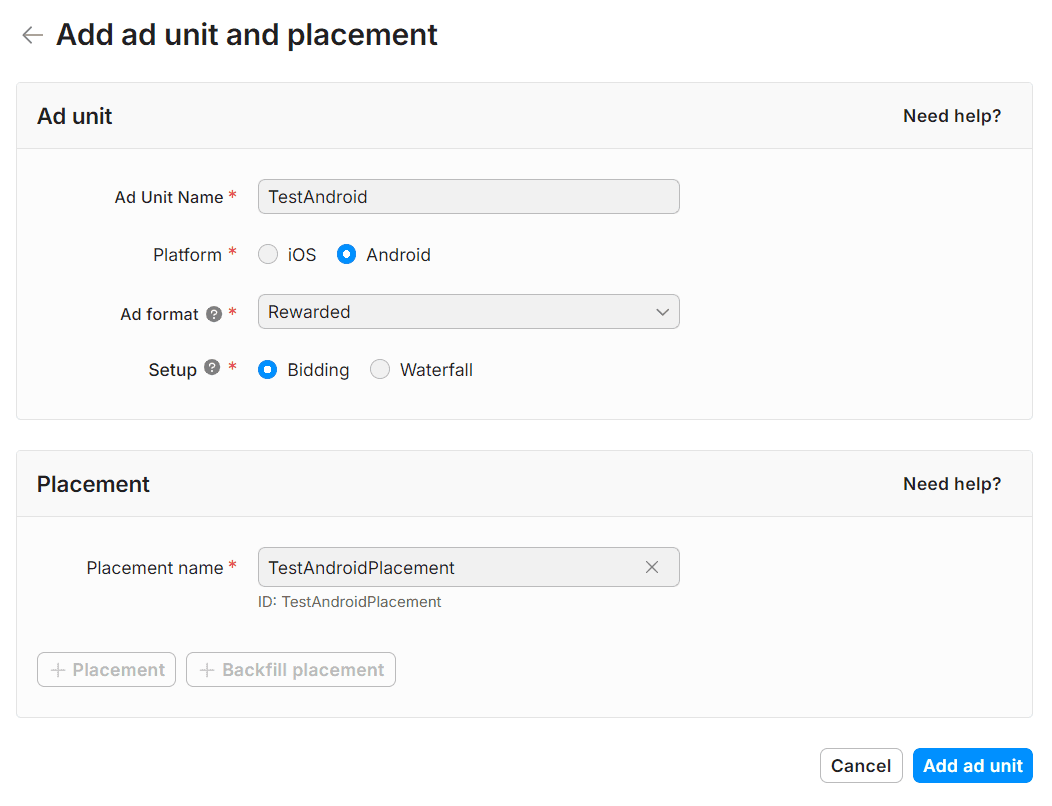 Creating a new ad unit and placement screen