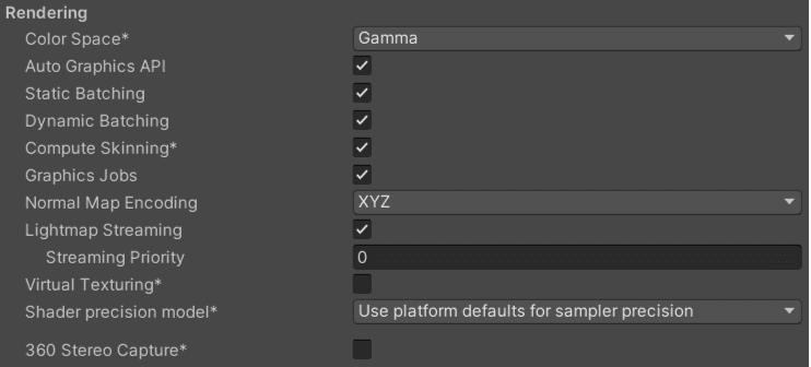 Use the Rendering settings to customize how Unity renders your game