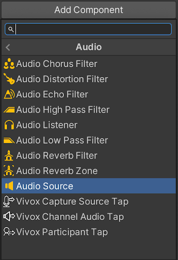 A screenshot of the Add Component window in the Unity Editor showing where to find the Audio Tap components within the Audio sub-section