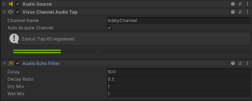 A screenshot of the Vivox Channel Audio Tap as shown in the Inspector window in the Unity Editor.
