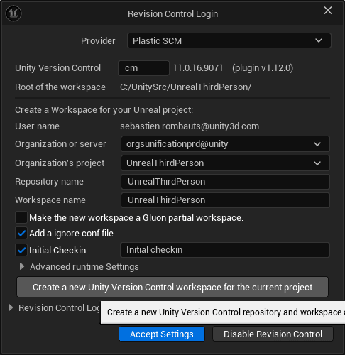 Source Control Login window - create a new workspace on cloud