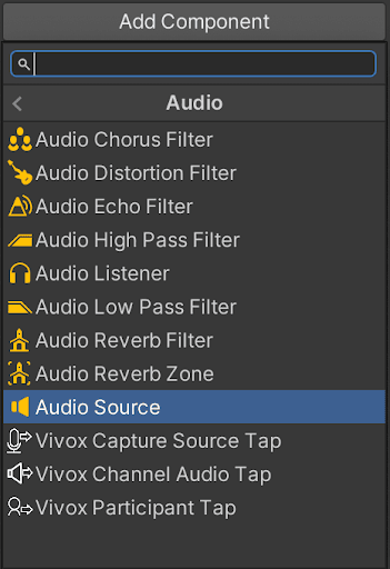 A screenshot of the Add Component window in the Unity Editor showing where to find the Audio Tap components within the Audio sub-section