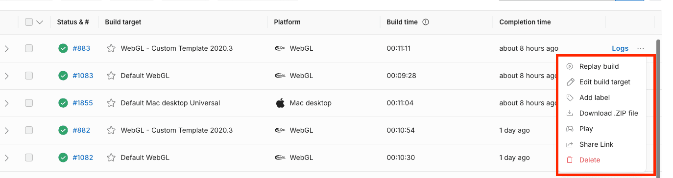 The context menu for the build history table that displays the options listed in the following table.
